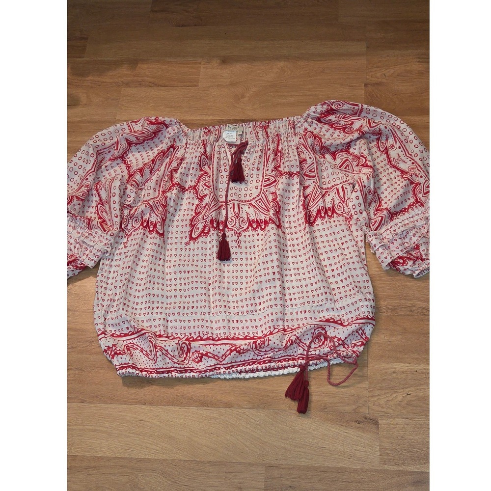 Tru Luxe Jeans Red White Paisley Heart Tassel Peasant Blouse Small T18290BM